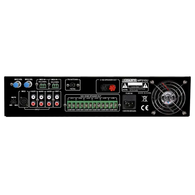 Amplificator 120W cu mixer DSPPA MP310U, 6 zone, USB/SD/Tuner/Bluetooth, 4Mic si 3AUX, 100V & 4-16 Ohmi